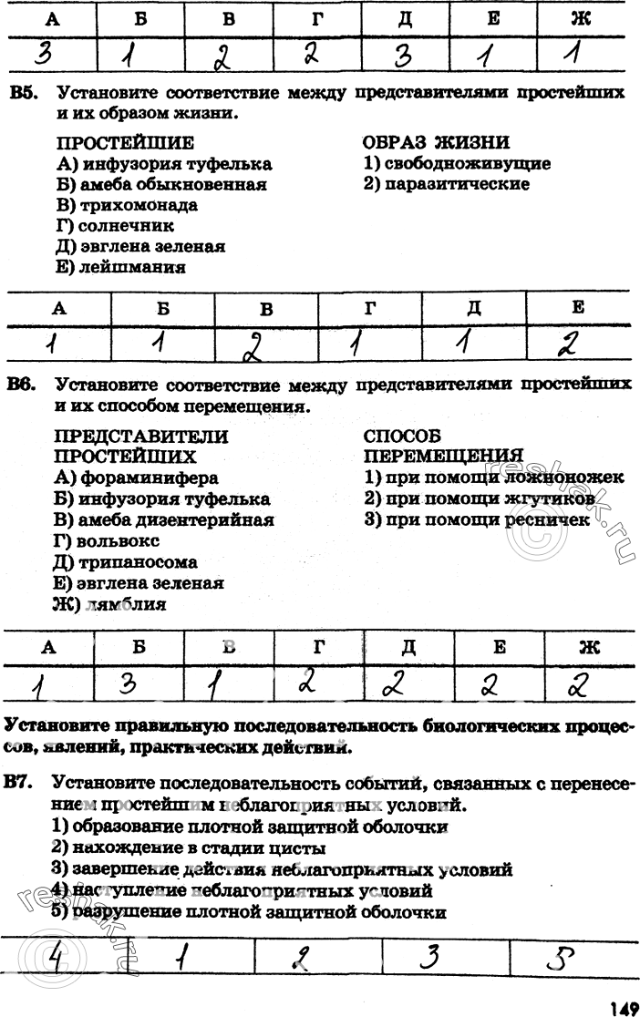 Изображение В5. Установите соответствие между представителями простейших и их образом жизни.ПРОСТЕЙШИЕA) инфузория туфелька Б) амеба обыкновеннаяB) трихомонада Г) солнечник Д)...